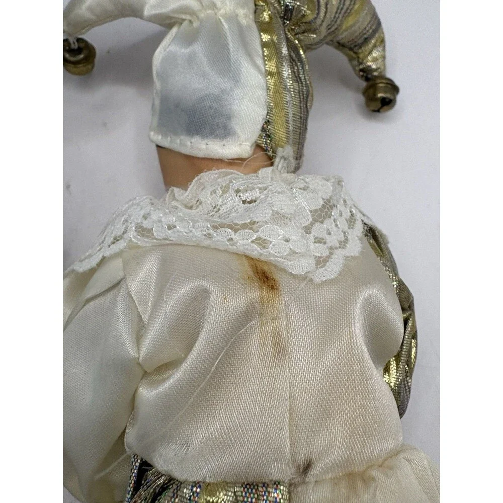 PAIR Porcelain Jester Doll Clown Gold Blue Las Vegas Gold Mardi Gras Bells 9.5”